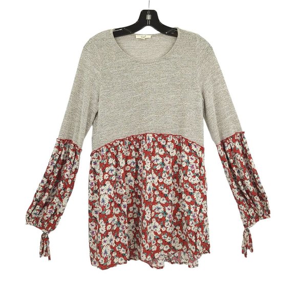 Easel Long Sleeve Knit Floral Tunic Top Womens Size Small Tie Sleeves Gray Red - Picture 1 of 13